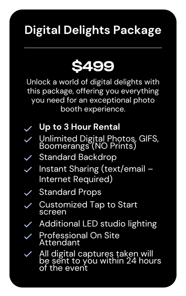 Wedding photo booth rental pricing breakdown, including packages and features for digital booth.