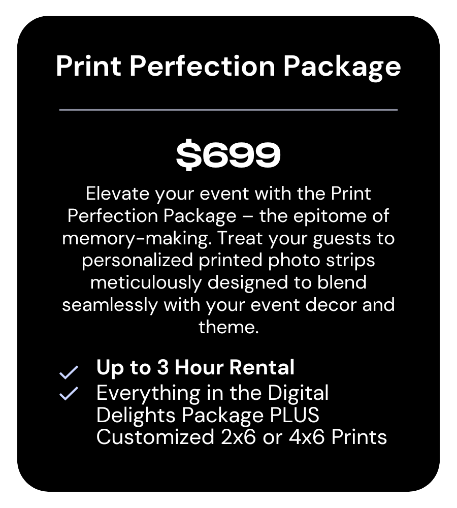 Wedding photo booth rental pricing breakdown, including packages and features for print booth.