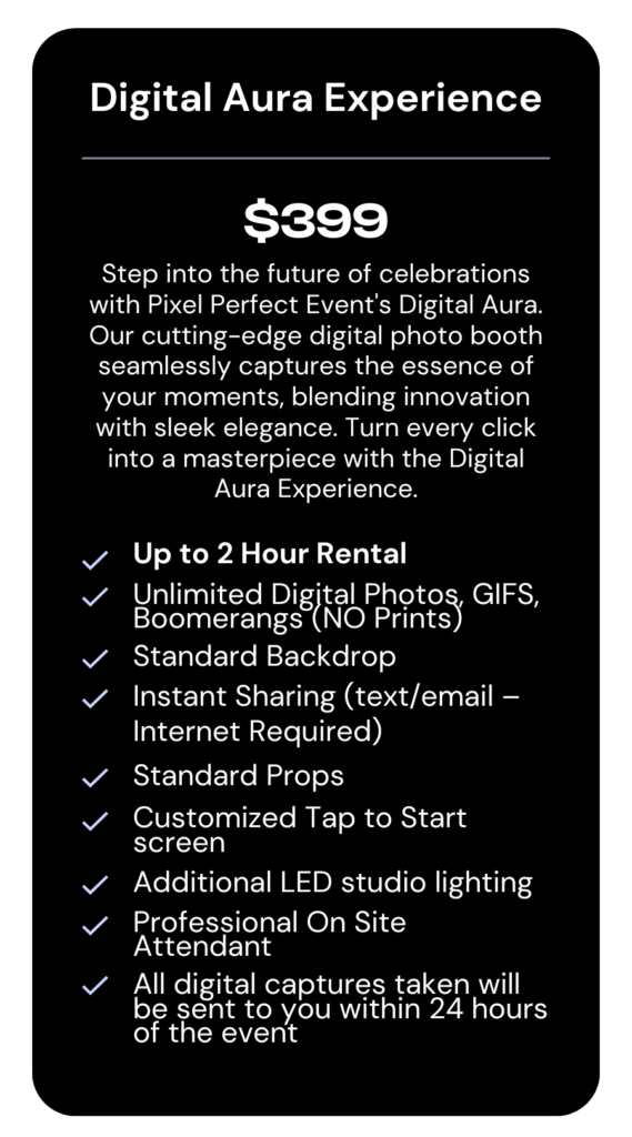 Pricing table for party and event photo booth rentals, showcasing available packages. Digital Booth.