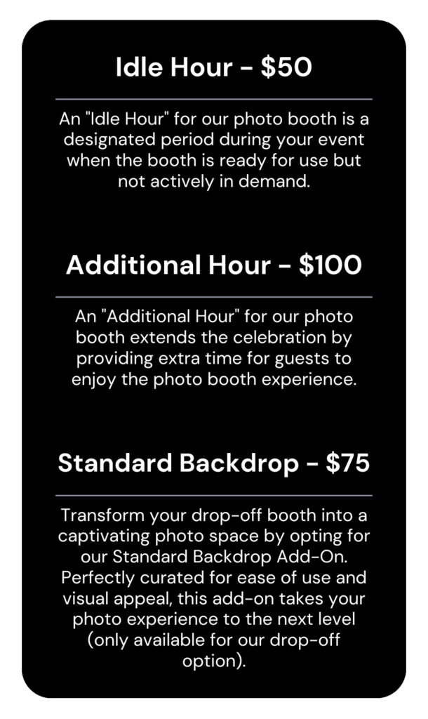 Additional pricing options for photo booth customizations, backdrops, and props.